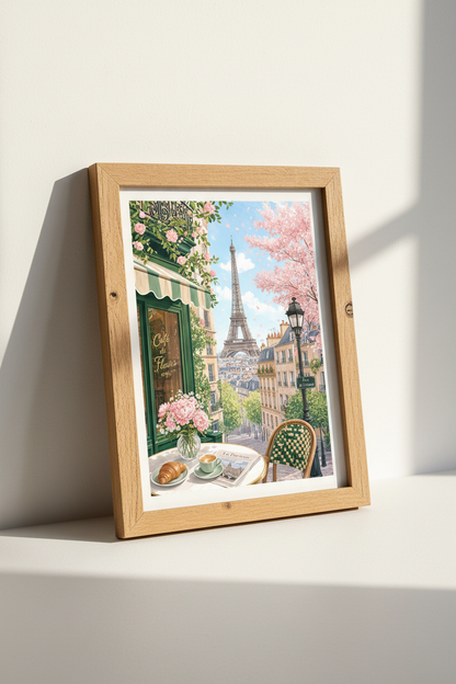 Paris Cafe Eiffel Tower Wall Art | Pastel Floral French Decor | Romantic Poster