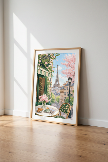 Paris Cafe Eiffel Tower Wall Art | Pastel Floral French Decor | Romantic Poster