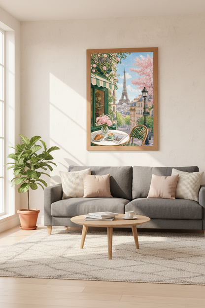 Paris Cafe Eiffel Tower Wall Art | Pastel Floral French Decor | Romantic Poster