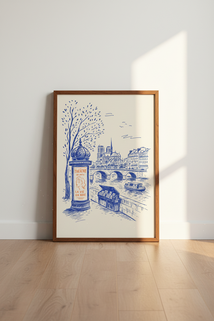 Paris Cityscape Sketch Wall Art | Blue Travel Poster | Parisian Apartment Decor