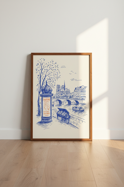 Paris Cityscape Sketch Wall Art | Blue Travel Poster | Parisian Apartment Decor