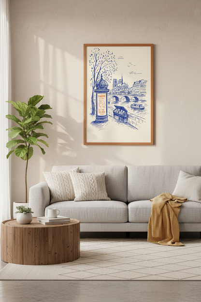 Paris Cityscape Sketch Wall Art | Blue Travel Poster | Parisian Apartment Decor
