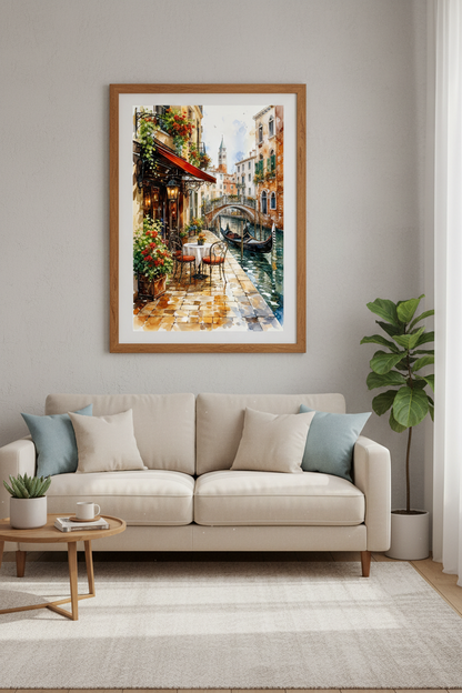 Venice Canal Watercolor Wall Art | Italy Cafe Decor | Romantic European Travel Poster