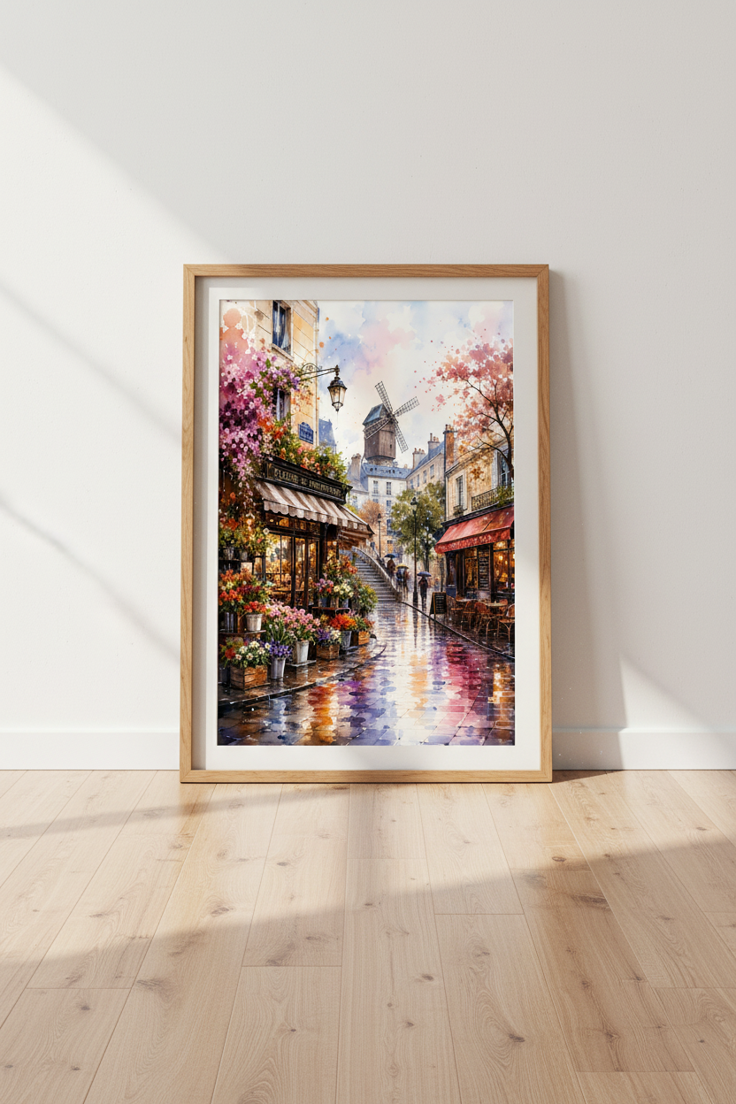 Paris Street Scene Watercolor | Montmartre Flower Shop Print, French Cafe Decor