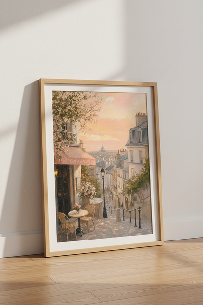 Paris Cafe Street Scene Wall Art | Sunset Pink Oil Painting Decor | French Aesthetic