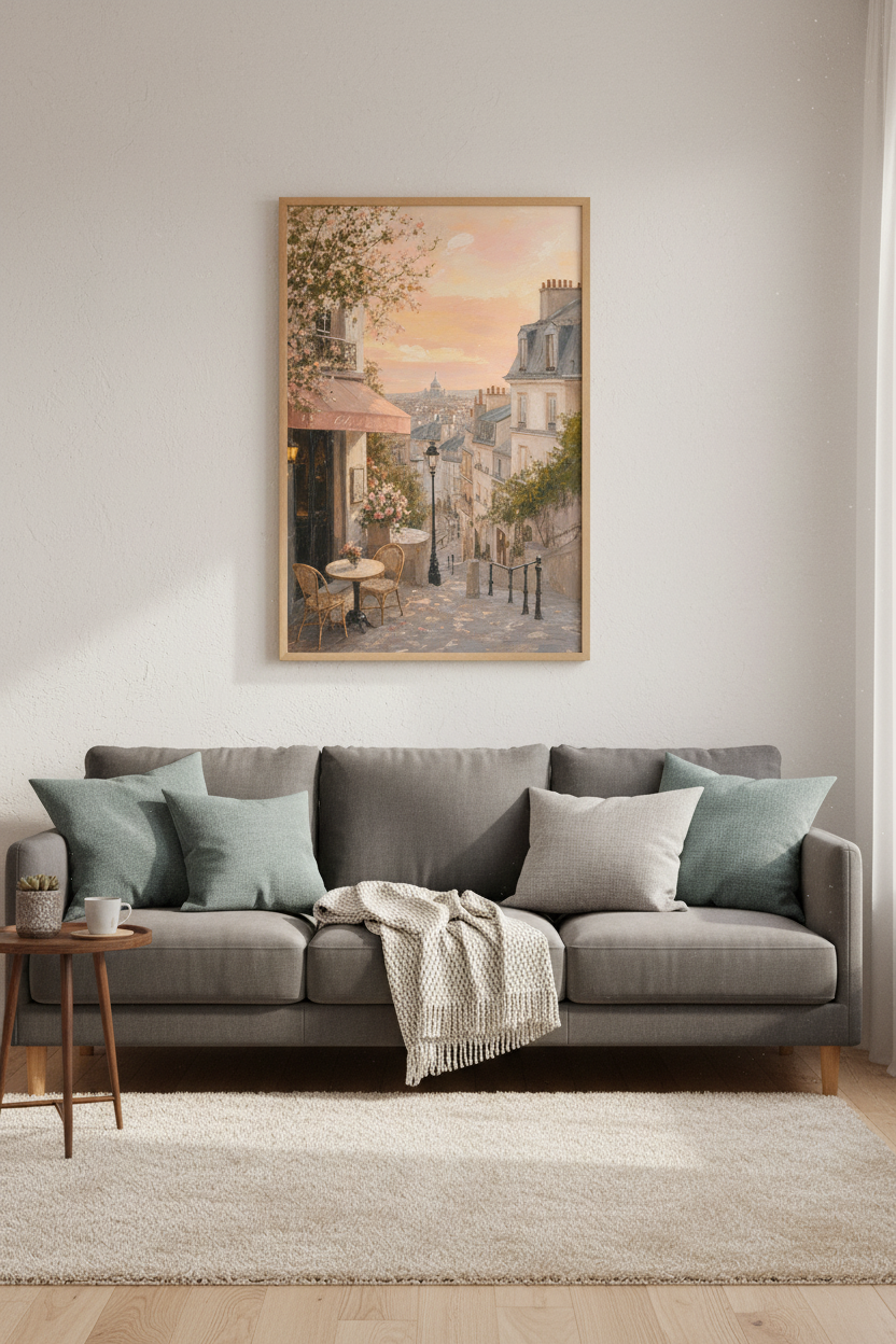 Paris Cafe Street Scene Wall Art | Sunset Pink Oil Painting Decor | French Aesthetic