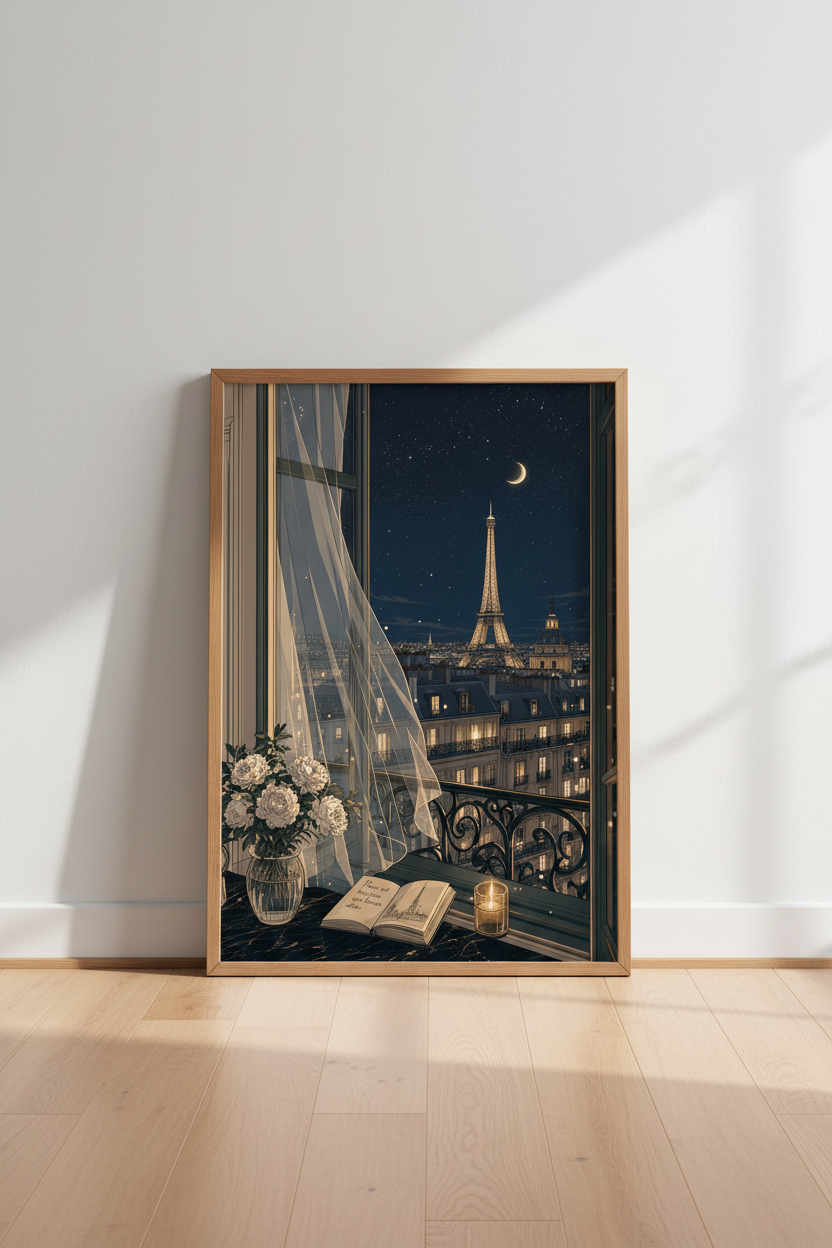 Paris Eiffel Tower Night View Balcony Art | Bedroom Decor | Romantic Aesthetic Poster