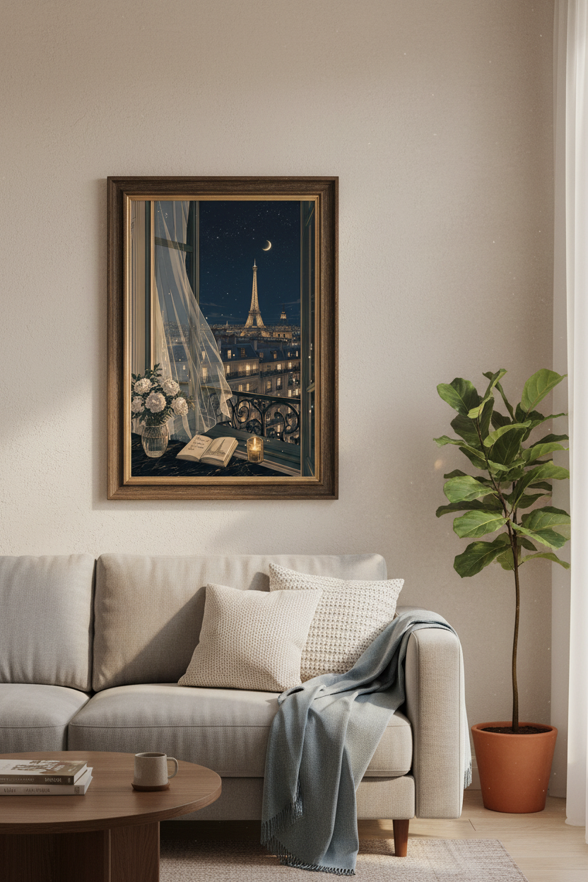 Paris Eiffel Tower Night View Balcony Art | Bedroom Decor | Romantic Aesthetic Poster