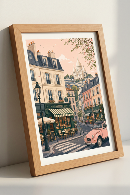 Paris Street Scene Art | Pink Car &amp; French Cafe Print | Romantic Pastel Kitchen Decor