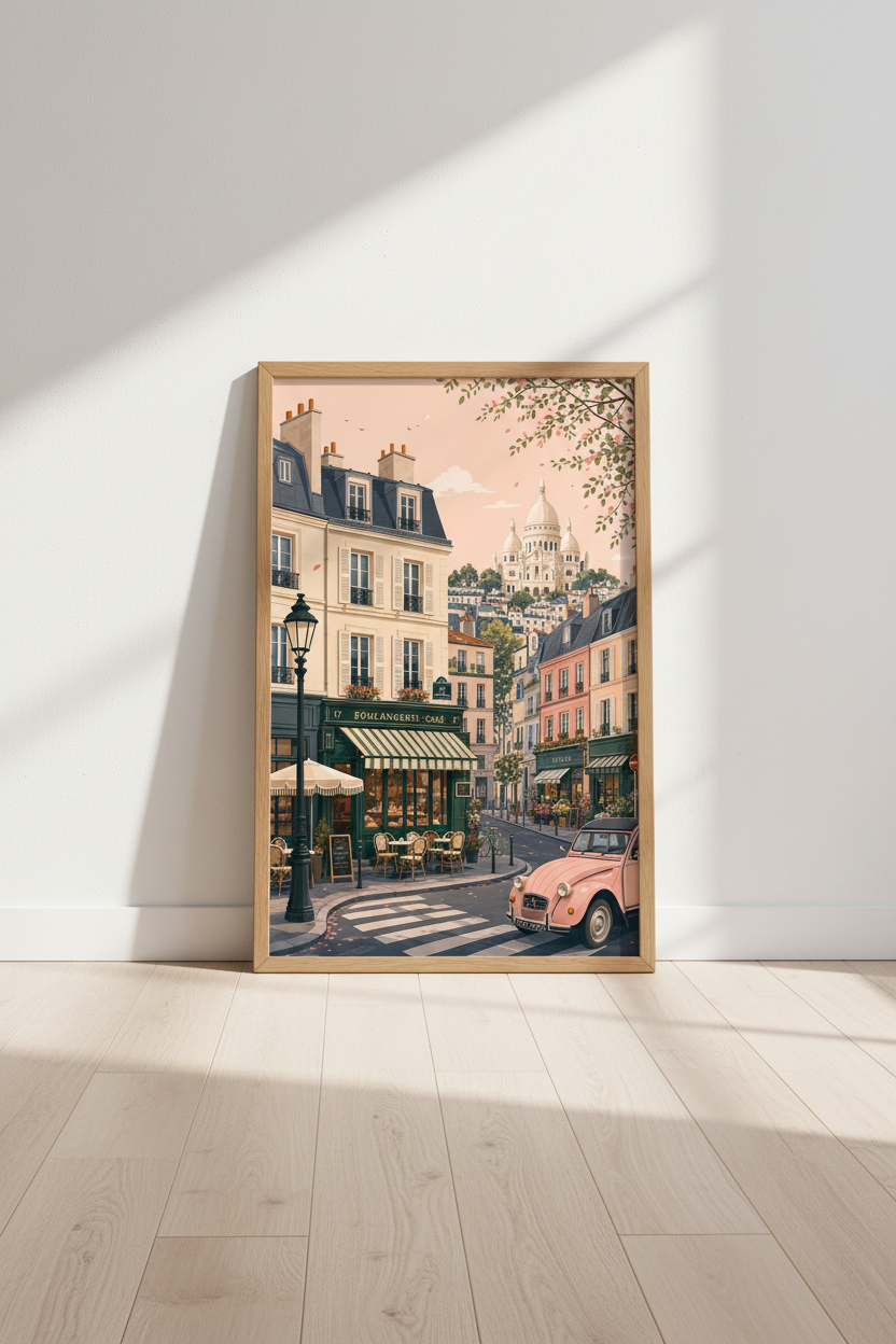 Paris Street Scene Art | Pink Car &amp; French Cafe Print | Romantic Pastel Kitchen Decor