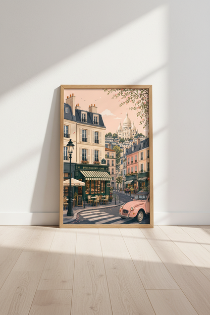 Paris Street Scene Art | Pink Car &amp; French Cafe Print | Romantic Pastel Kitchen Decor