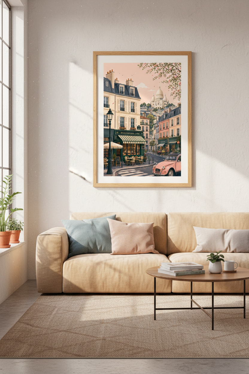 Paris Street Scene Art | Pink Car &amp; French Cafe Print | Romantic Pastel Kitchen Decor