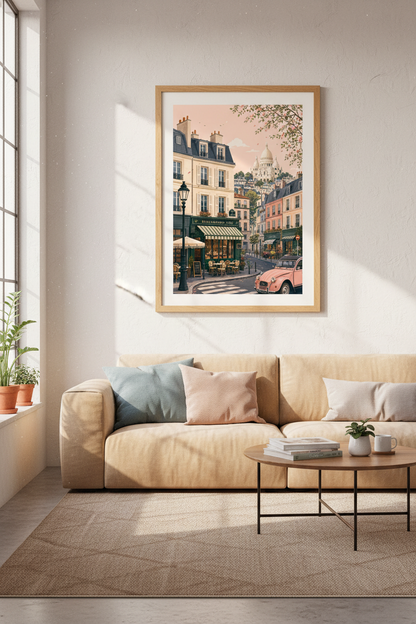 Paris Street Scene Art | Pink Car &amp; French Cafe Print | Romantic Pastel Kitchen Decor