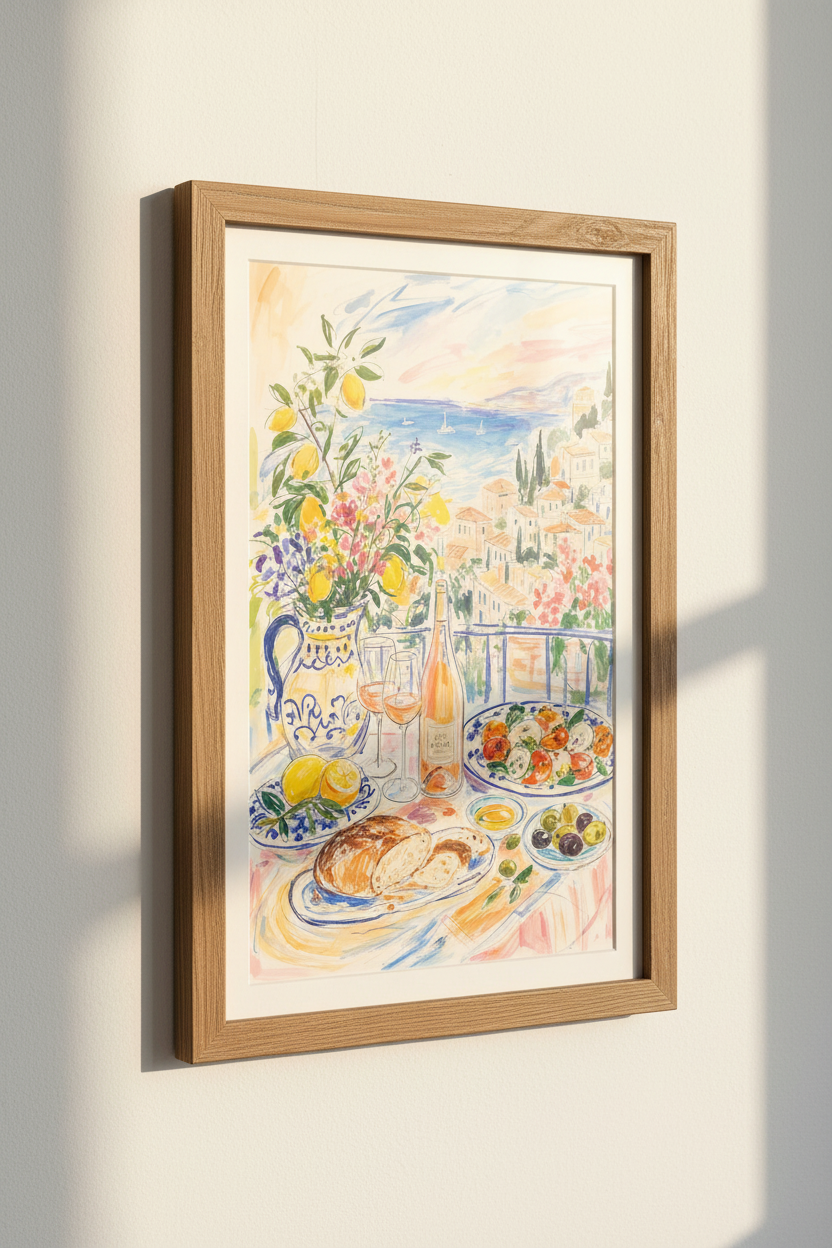 French Riviera Watercolor Art | Amalfi Coast Lemon Decor, Kitchen Wall Art