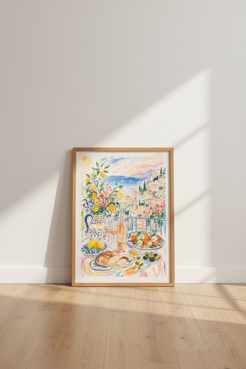 French Riviera Watercolor Art | Amalfi Coast Lemon Decor, Kitchen Wall Art