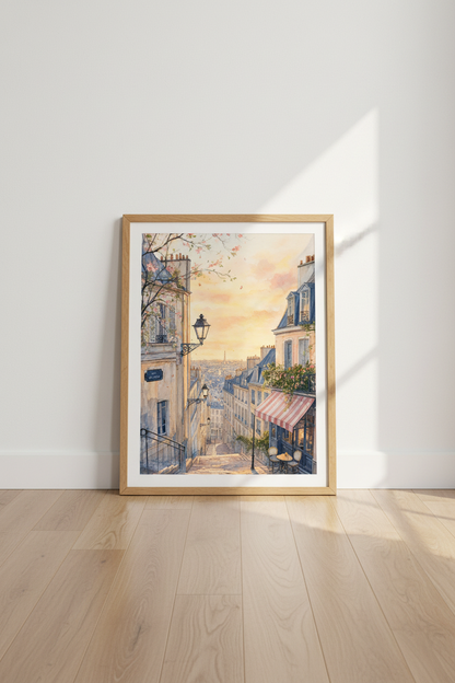 Paris Street Watercolor Art | Pastel Cityscape Poster, Romantic Bedroom Decor
