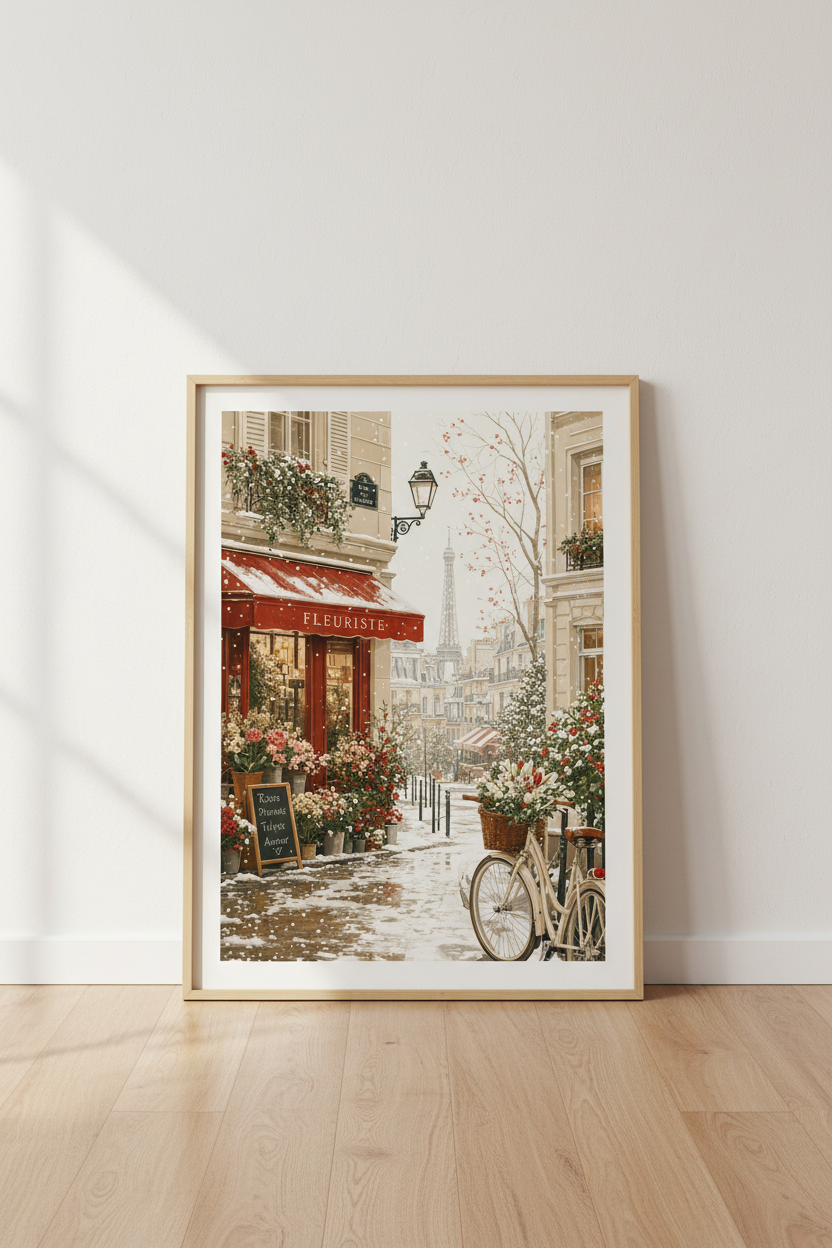 Winter Paris Flower Shop Art | Eiffel Tower Snow Scene, French Country Decor