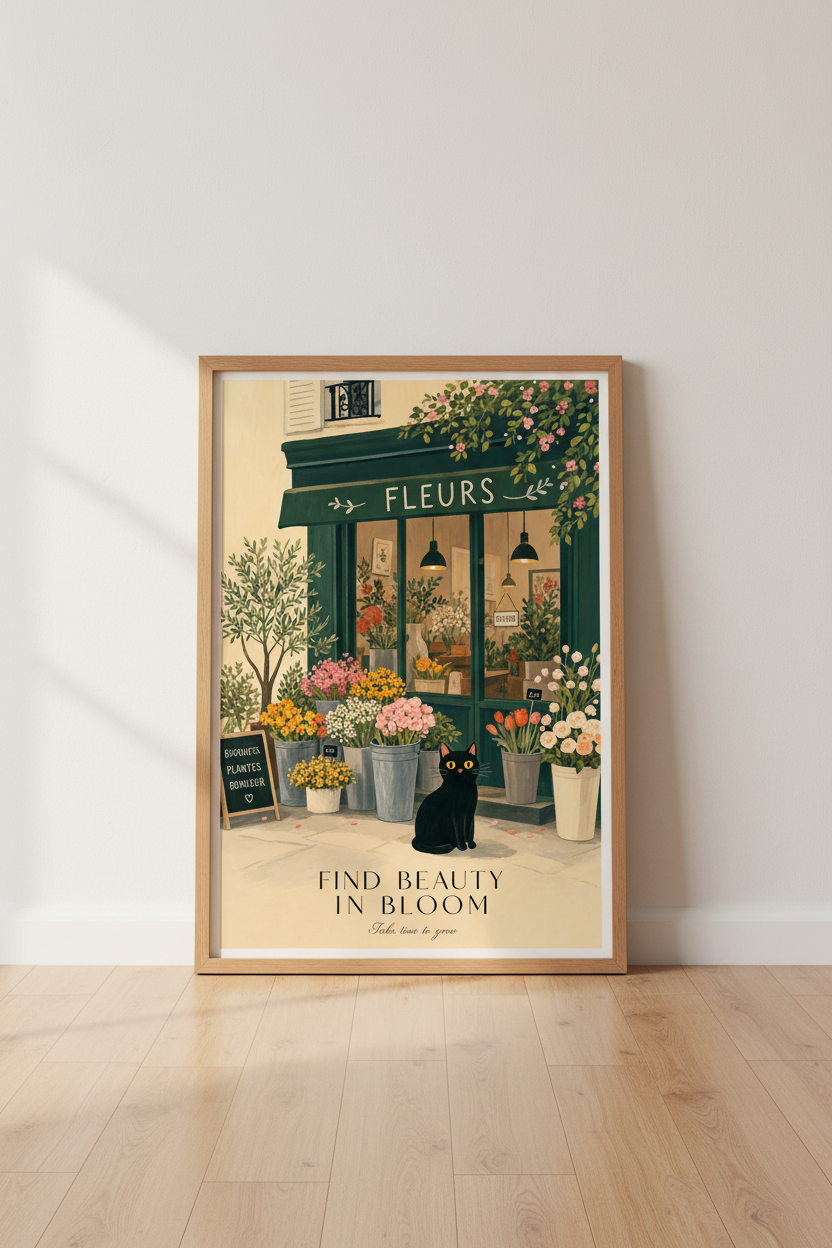 Black Cat French Flower Shop Art | Green Botanical Decor, Cottagecore Poster