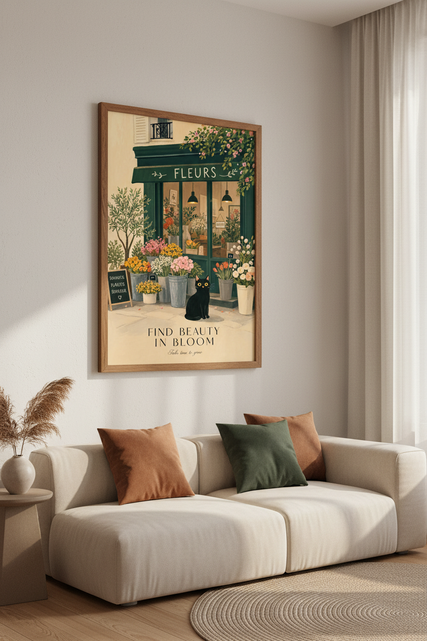 Black Cat French Flower Shop Art | Green Botanical Decor, Cottagecore Poster