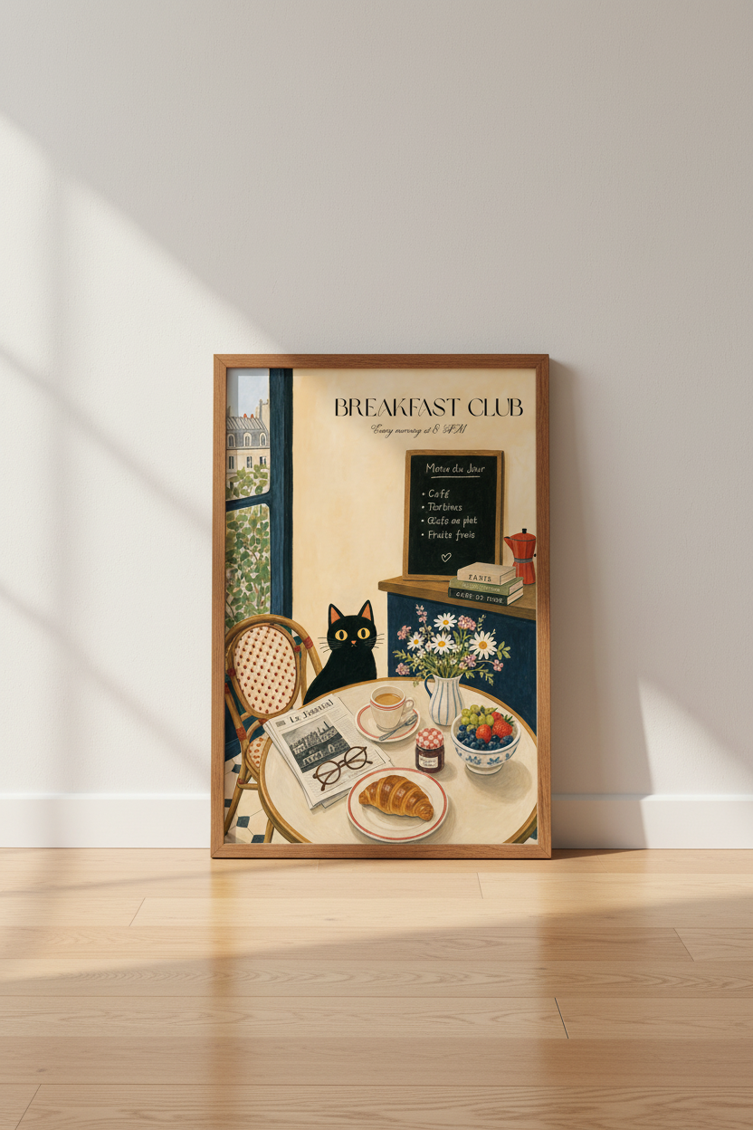Black Cat Paris Cafe Wall Art | French Bistro Kitchen Decor | Whimsical Poster