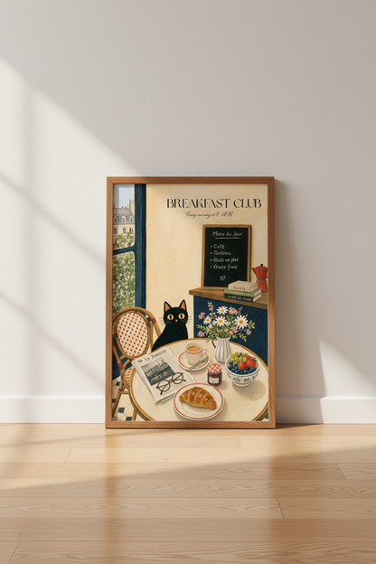 Black Cat Paris Cafe Wall Art | French Bistro Kitchen Decor | Whimsical Poster