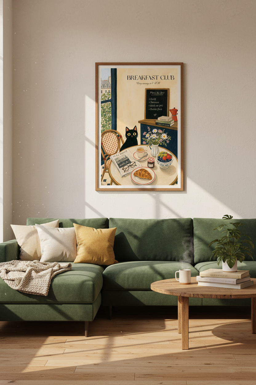 Black Cat Paris Cafe Wall Art | French Bistro Kitchen Decor | Whimsical Poster