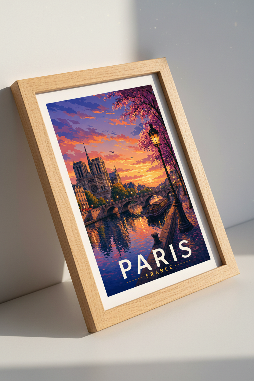Paris France Wall Art | Sunset Notre Dame Cityscape, Romantic Bedroom Travel Poster