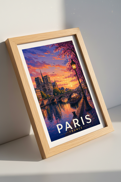Paris France Wall Art | Sunset Notre Dame Cityscape, Romantic Bedroom Travel Poster