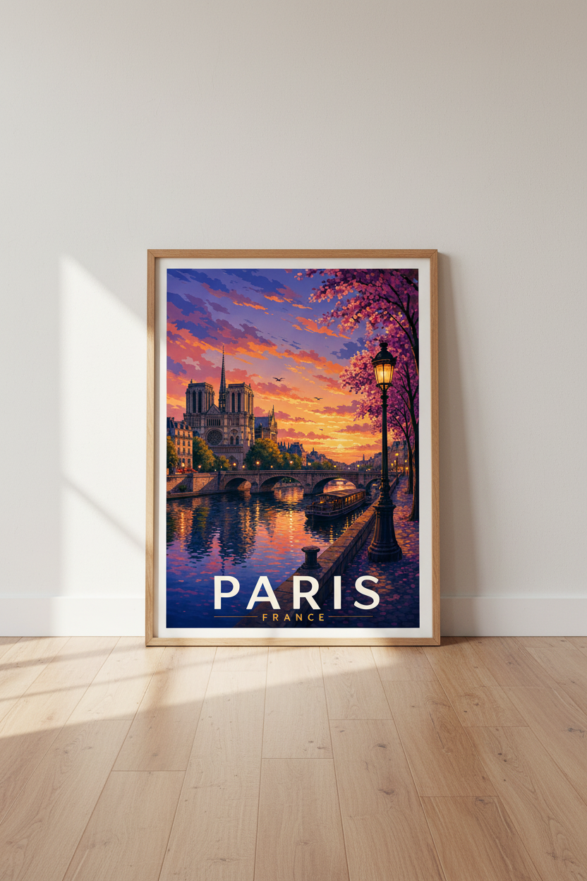 Paris France Wall Art | Sunset Notre Dame Cityscape, Romantic Bedroom Travel Poster