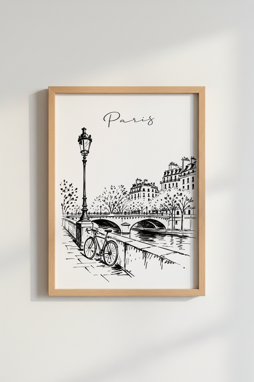 Paris Street Sketch Wall Art | Black and White French Decor | Minimalist City Poster