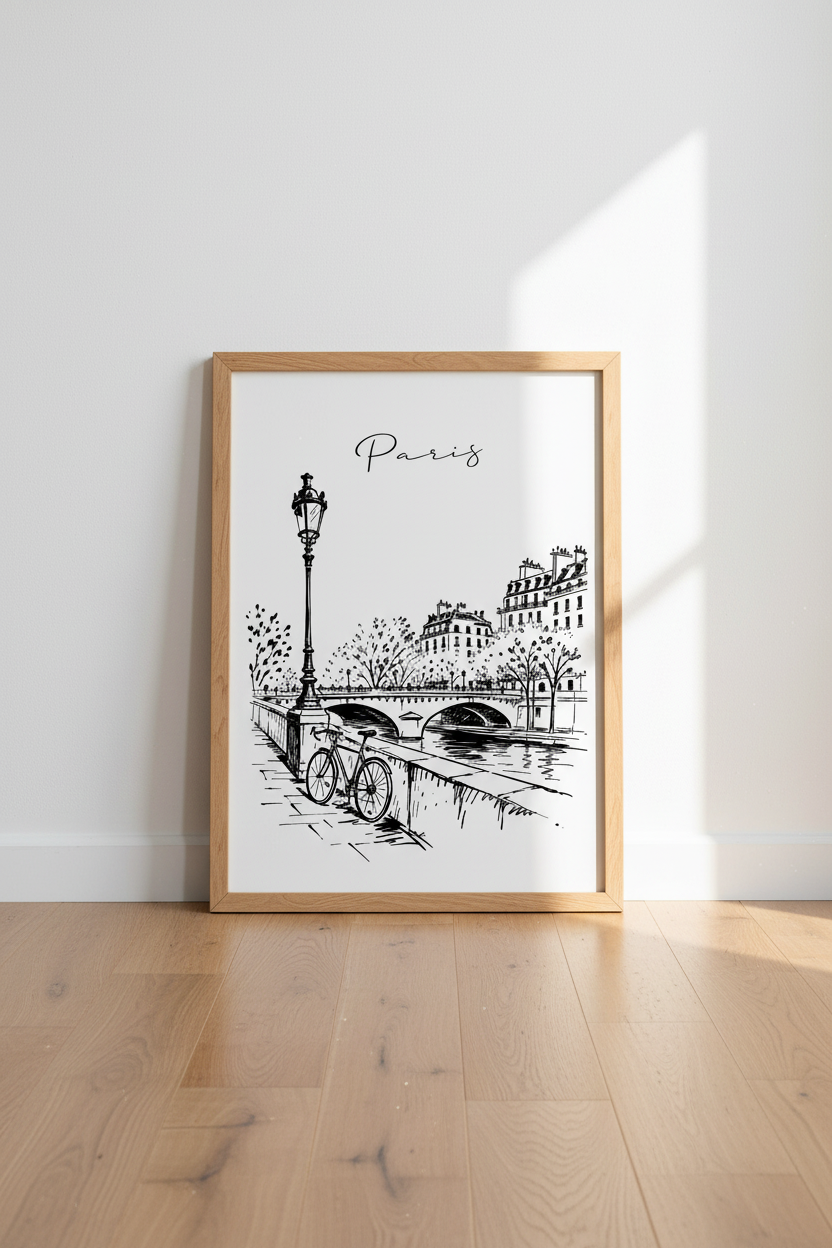 Paris Street Sketch Wall Art | Black and White French Decor | Minimalist City Poster