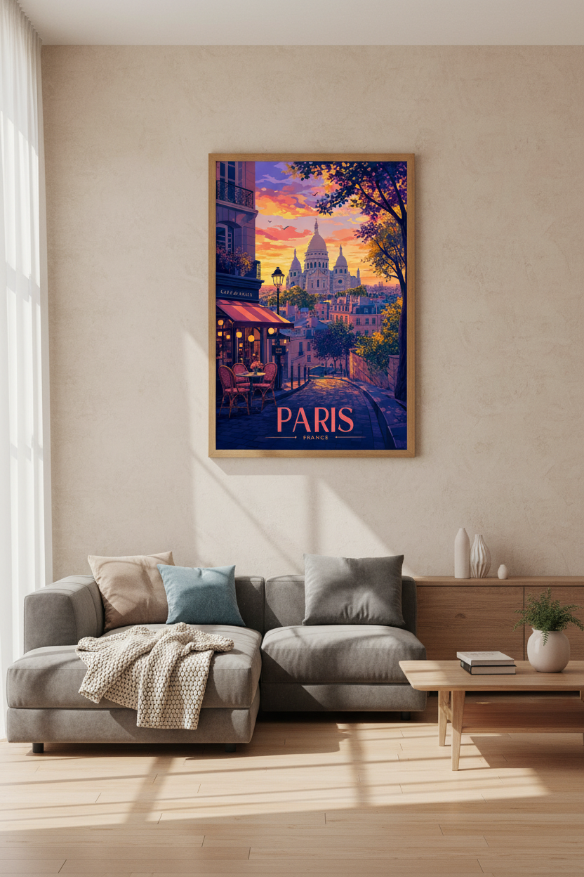 Paris France Wall Art Print | Montmartre Sunset Poster | Colorful Travel Decor