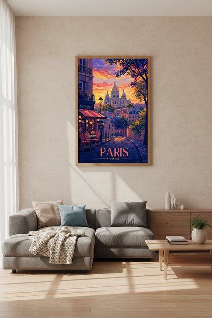Paris France Wall Art Print | Montmartre Sunset Poster | Colorful Travel Decor