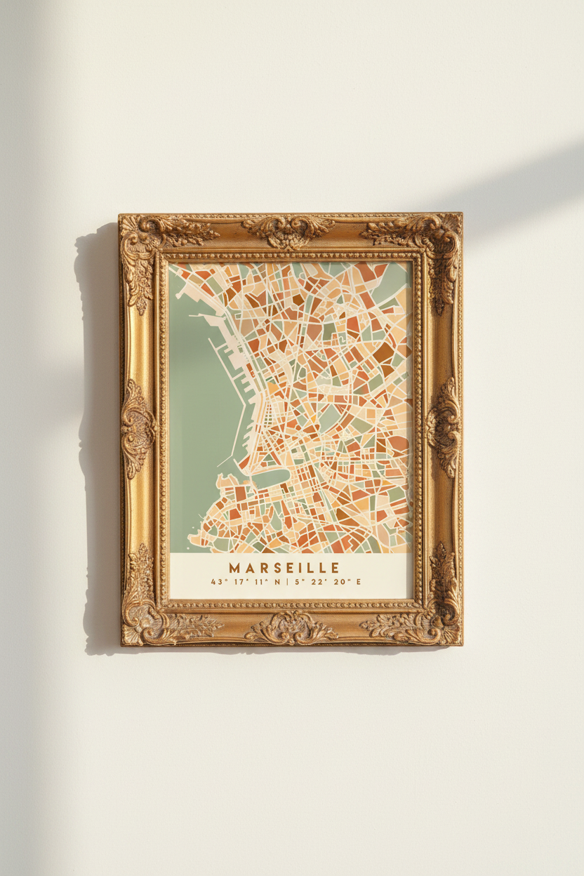 Marseille map poster | Vintage Sepia Tones, Living Room Decor | Modern Abstract