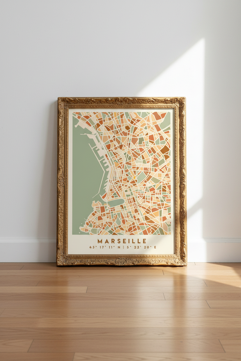 Marseille map poster | Vintage Sepia Tones, Living Room Decor | Modern Abstract