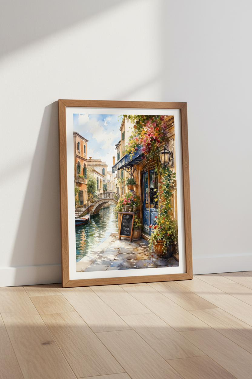 Venice Canal Cafe Watercolor | Italy Travel Poster, Mediterranean Home Decor