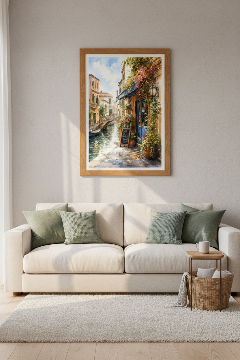 Venice Canal Cafe Watercolor | Italy Travel Poster, Mediterranean Home Decor
