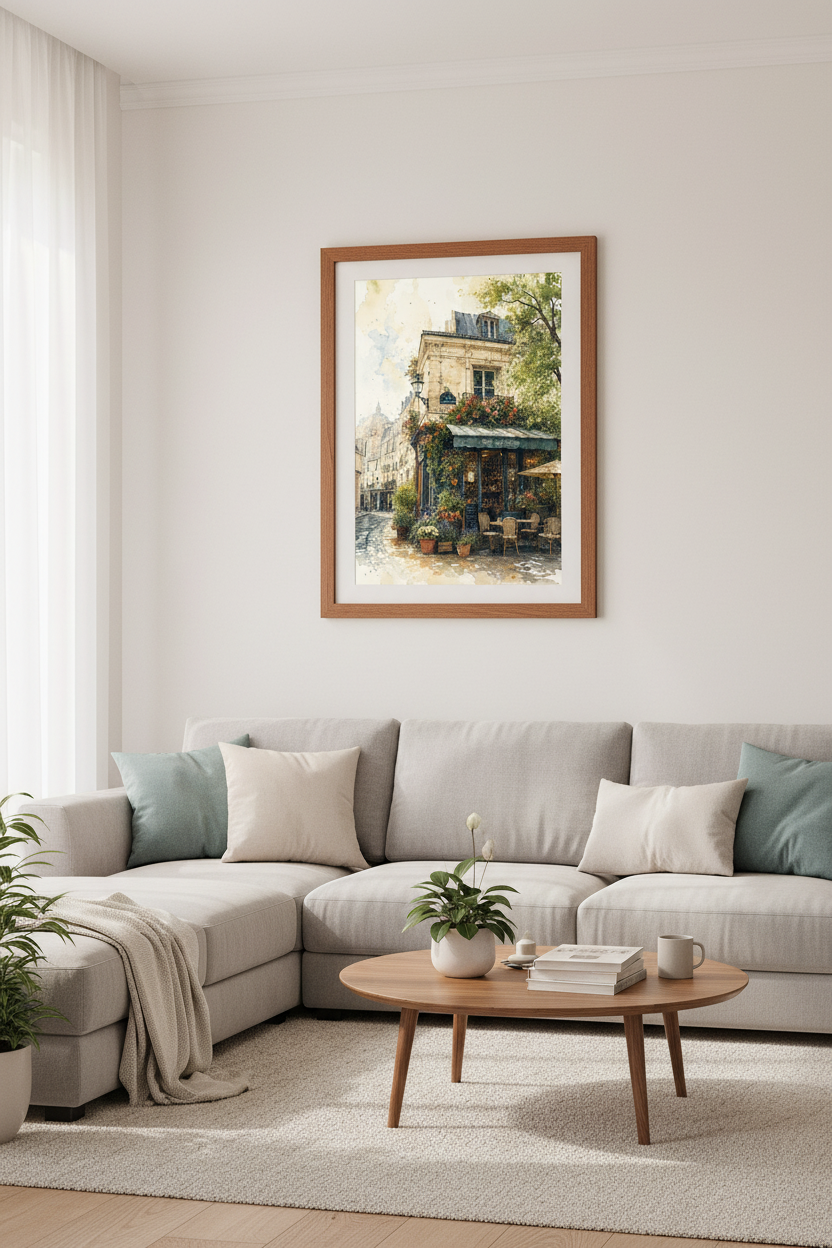 Parisian Cafe Watercolor Wall Art | French Street Flower Shop | Aesthetic Poster Design