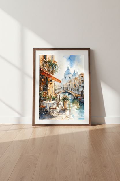Venice Canal Watercolor | Italy Cafe Scene, Romantic Travel Wall Art Decor