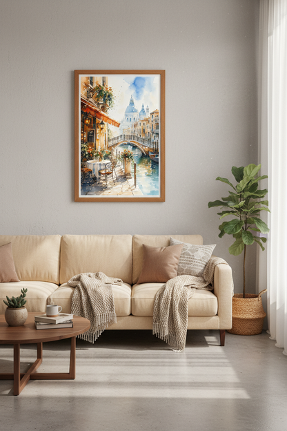 Venice Canal Watercolor | Italy Cafe Scene, Romantic Travel Wall Art Decor