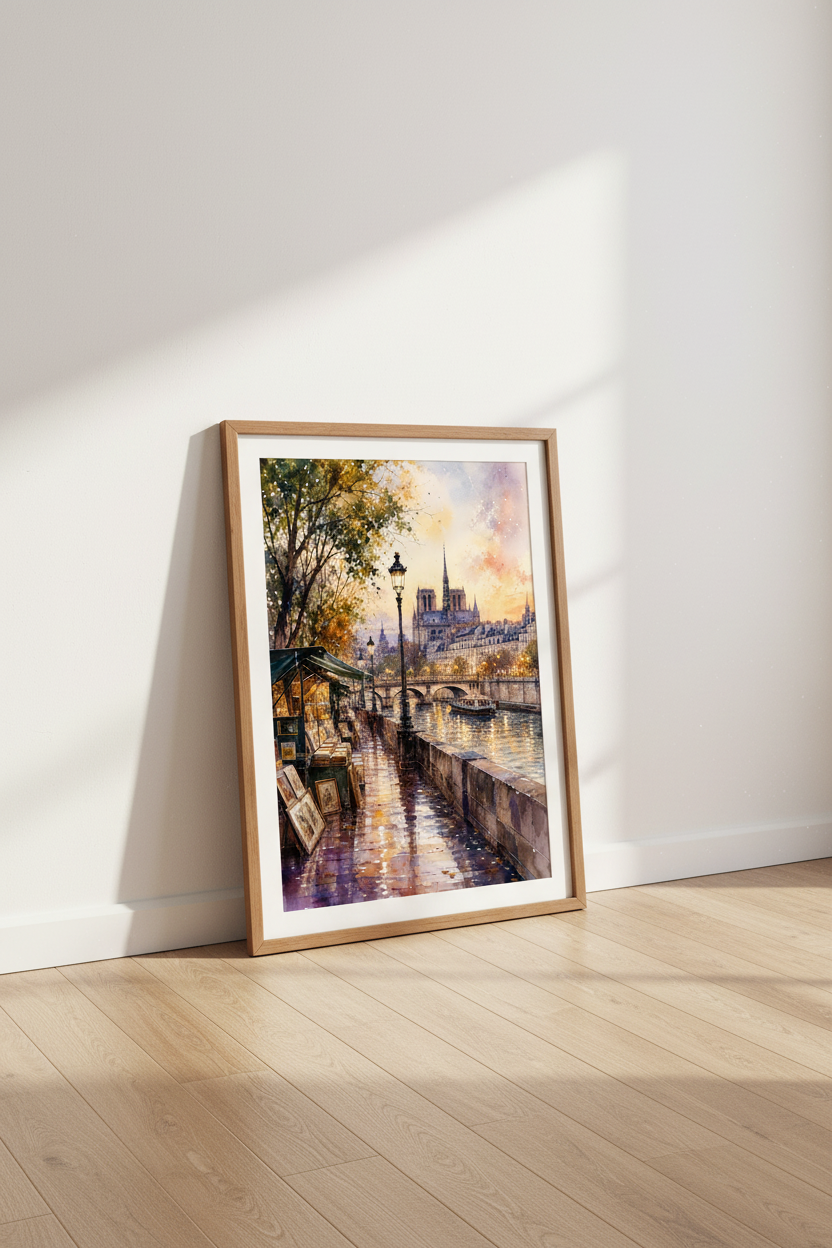 Paris Seine Watercolor Wall Art | Notre Dame Sunset Decor | Romantic City Poster