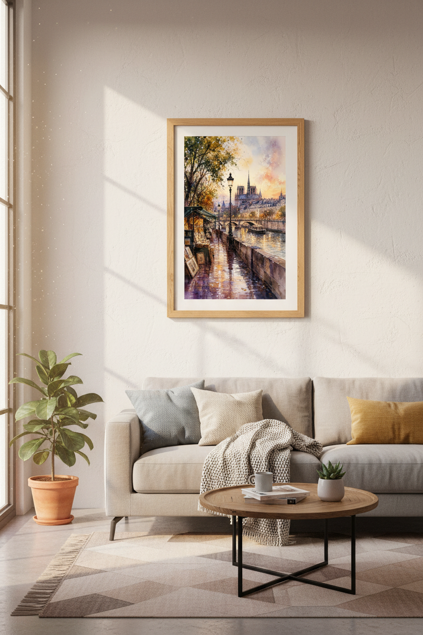 Paris Seine Watercolor Wall Art | Notre Dame Sunset Decor | Romantic City Poster