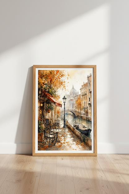 Venice Canal Watercolor Print | Autumn Italy Cafe Decor | Warm Travel Poster