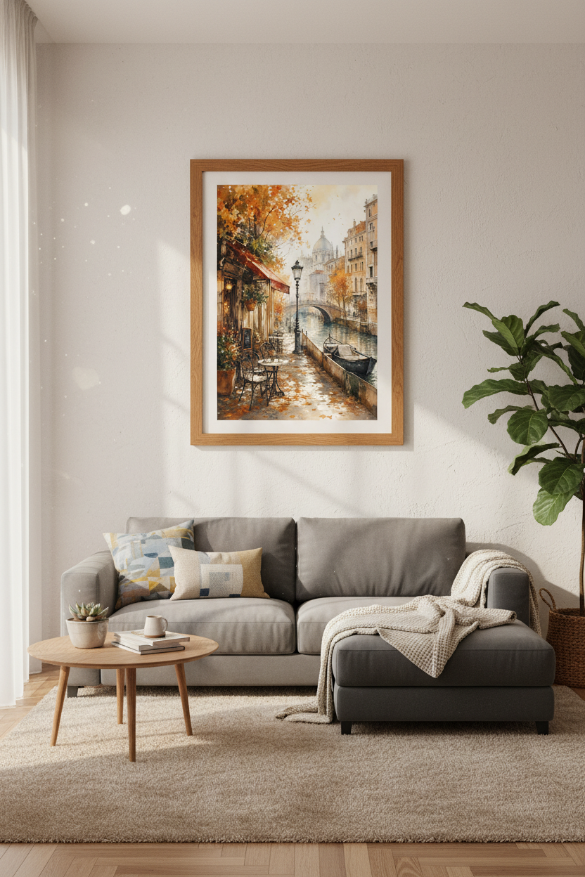 Venice Canal Watercolor Print | Autumn Italy Cafe Decor | Warm Travel Poster
