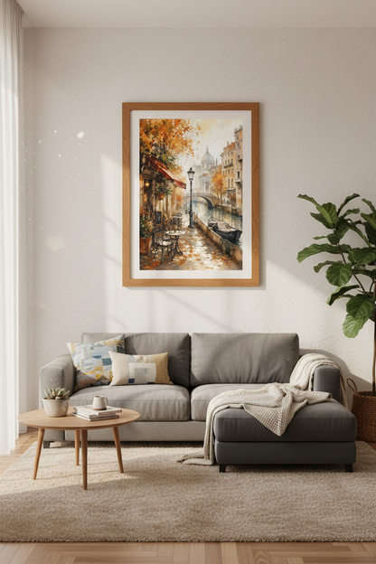 Venice Canal Watercolor Print | Autumn Italy Cafe Decor | Warm Travel Poster