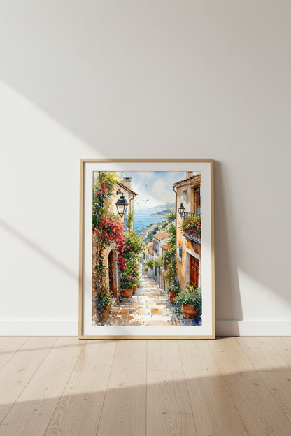 Coastal Mediterranean Village Watercolor Wall Art | Blue Sea &amp; Flowers, Living Room Decor