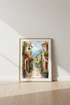 Coastal Mediterranean Village Watercolor Wall Art | Blue Sea & Flowers, Living Room Decor
