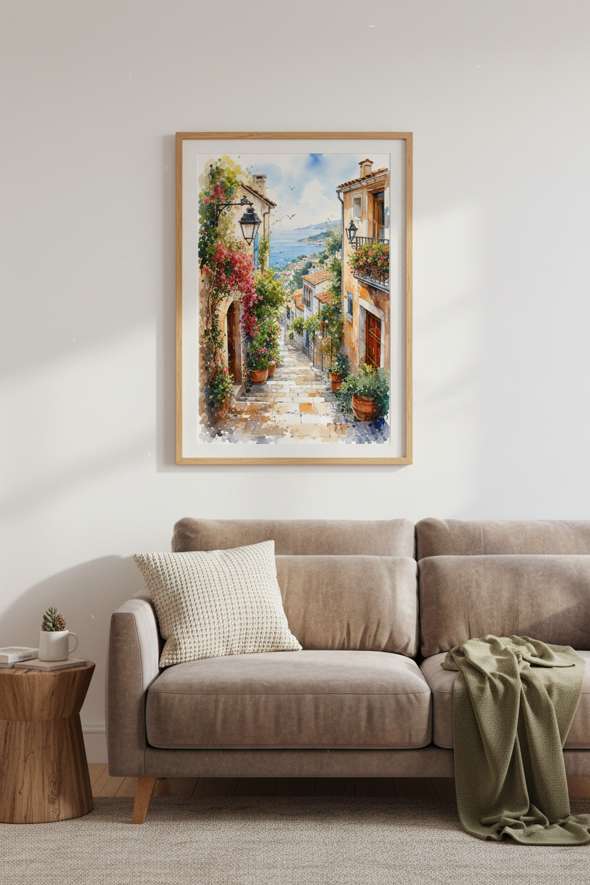 Coastal Mediterranean Village Watercolor Wall Art | Blue Sea &amp; Flowers, Living Room Decor