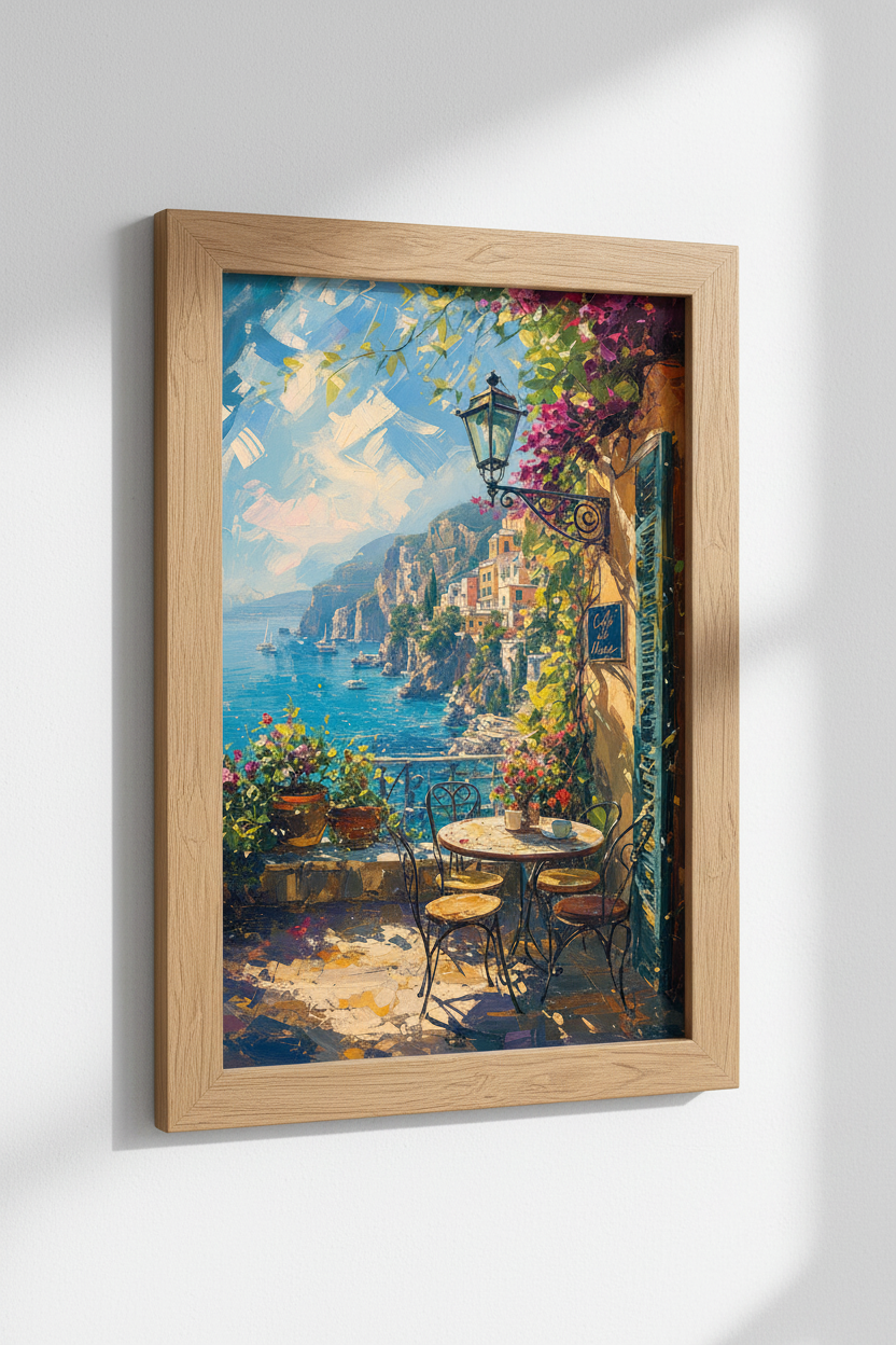 Amalfi Coast Italy Terrace Art | Mediterranean Oil Painting, Coastal View Poster