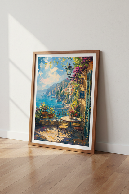Amalfi Coast Italy Terrace Art | Mediterranean Oil Painting, Coastal View Poster